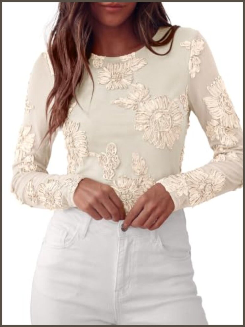 Women's Mesh Long Sleeve 3D Floral Embroidered Blouse Crew Neck